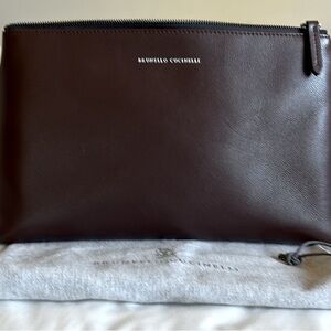 Brunello Cucinelli Brown Leather Clutch Sleek Minimalist Design